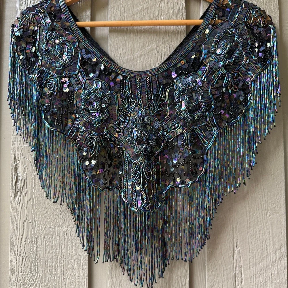 Vintage Beaded Fringe Capelet Shawl Womens Iridescent Floral One Size Black